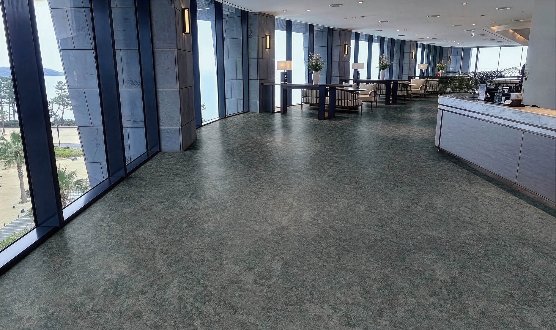 A hallway in a building with a carpeted floor and a row of elevators. AI generated content