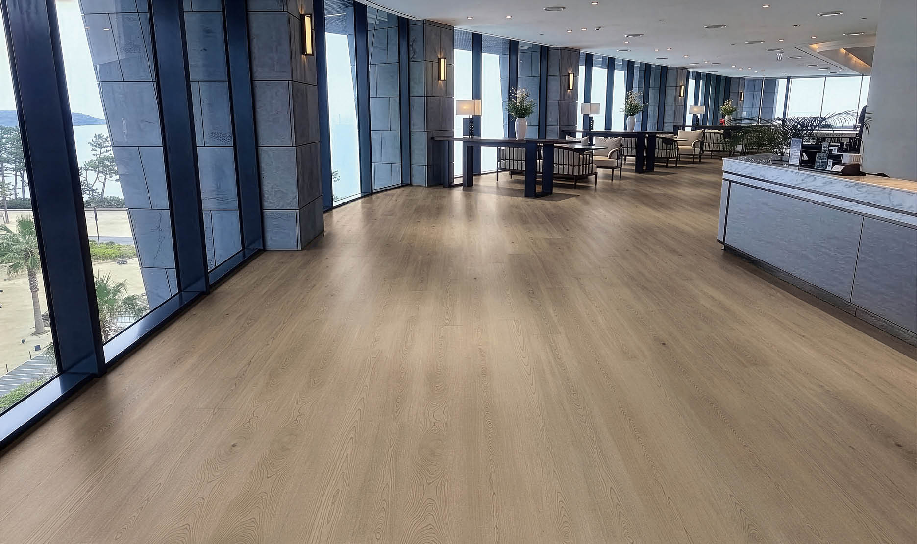 A hallway in a building with a large elevator and a mirrored wall. AI generated content