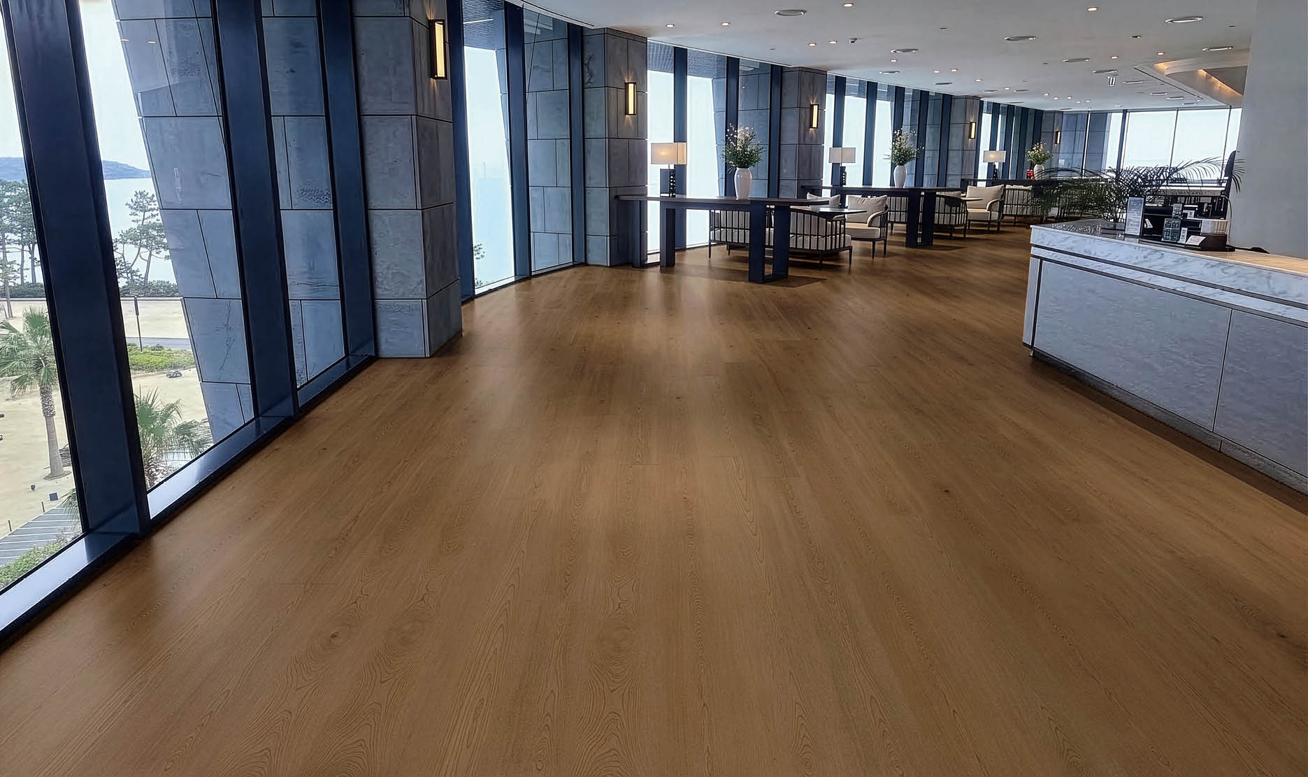 A hallway in a building with a large elevator and a mirrored wall. AI generated content