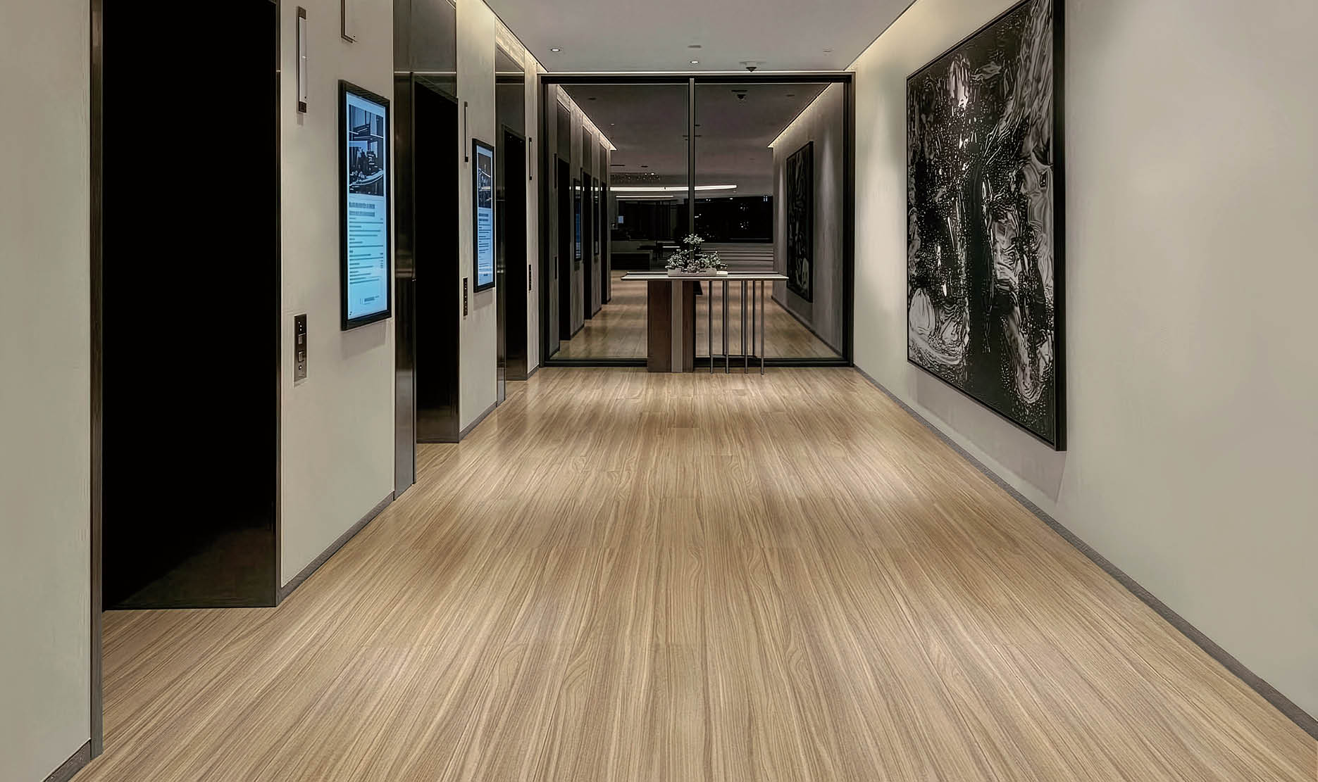 A hallway in a building with a long, narrow design. AI generated content