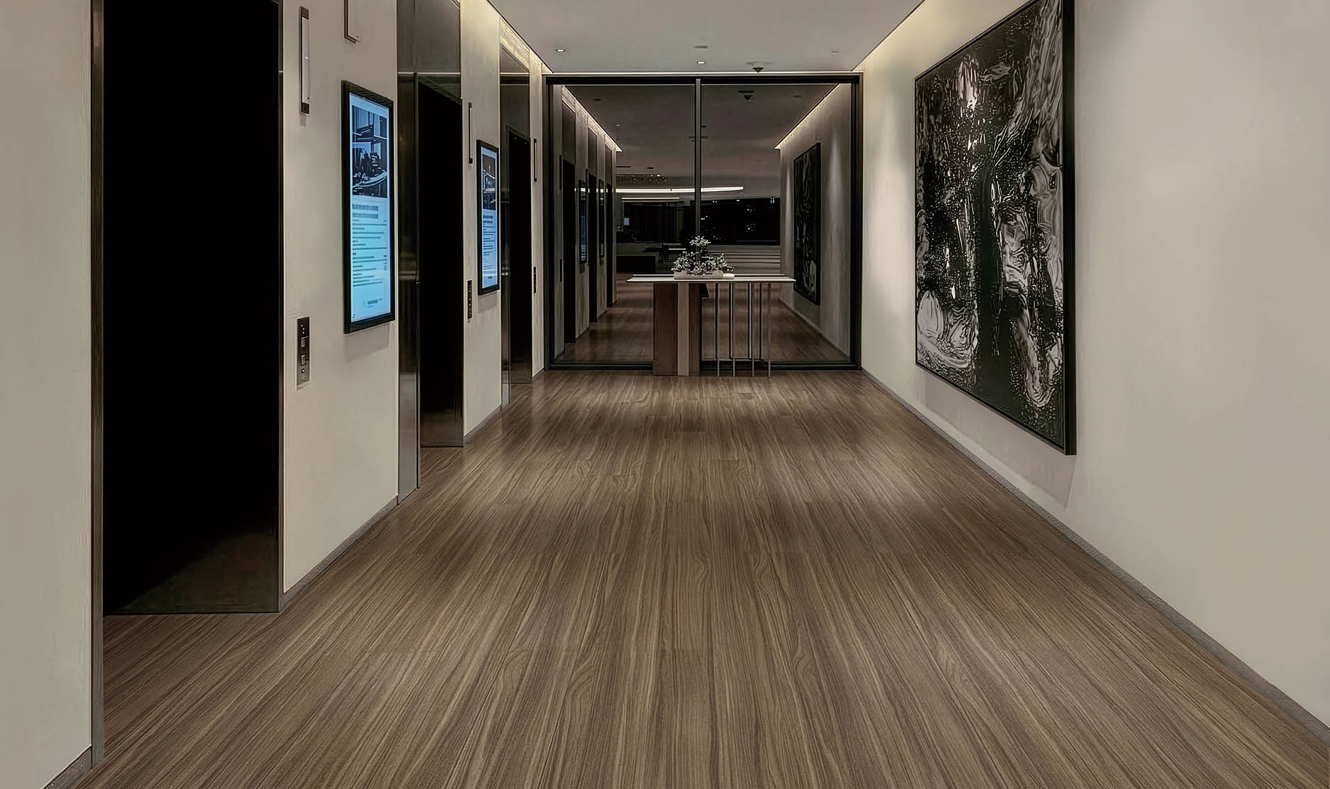 A hallway in a building with a long, narrow design. AI generated content
